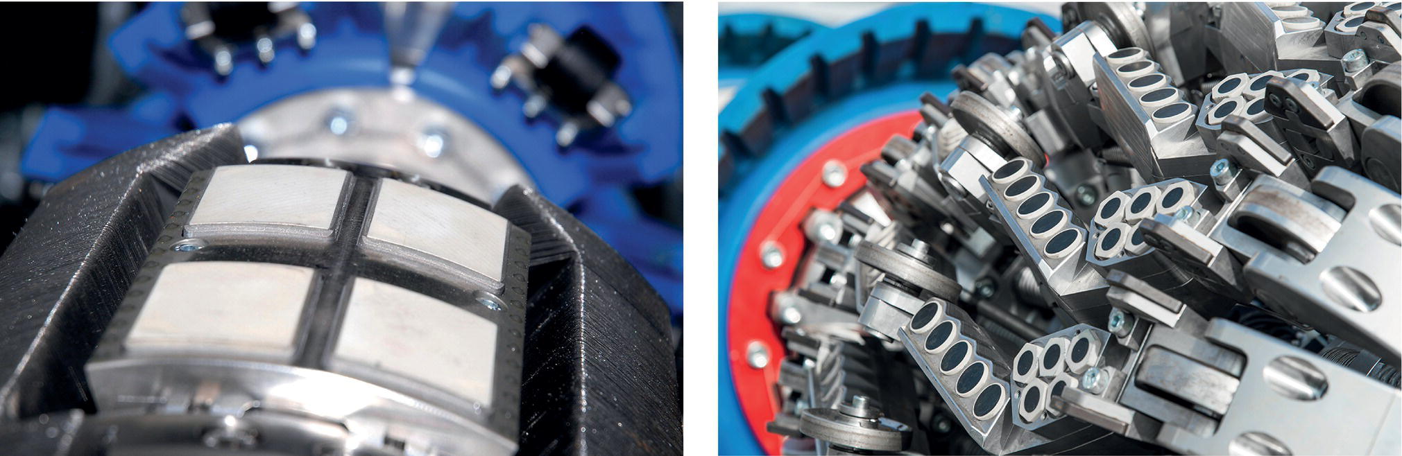 An image features two close-up views of complex mechanical components. On the left, a circular assembly with several rectangular plates arranged in a geometric pattern suggests a rotor or a similar device, designed for precision movement and efficiency. The right side reveals a densely packed gear mechanism, displaying multiple interlocking metal parts, indicating intricate engineering. These components hint at advanced machinery, potentially utilized in industrial applications or specialized equipment, with a focus on functionality and design intricacies.
