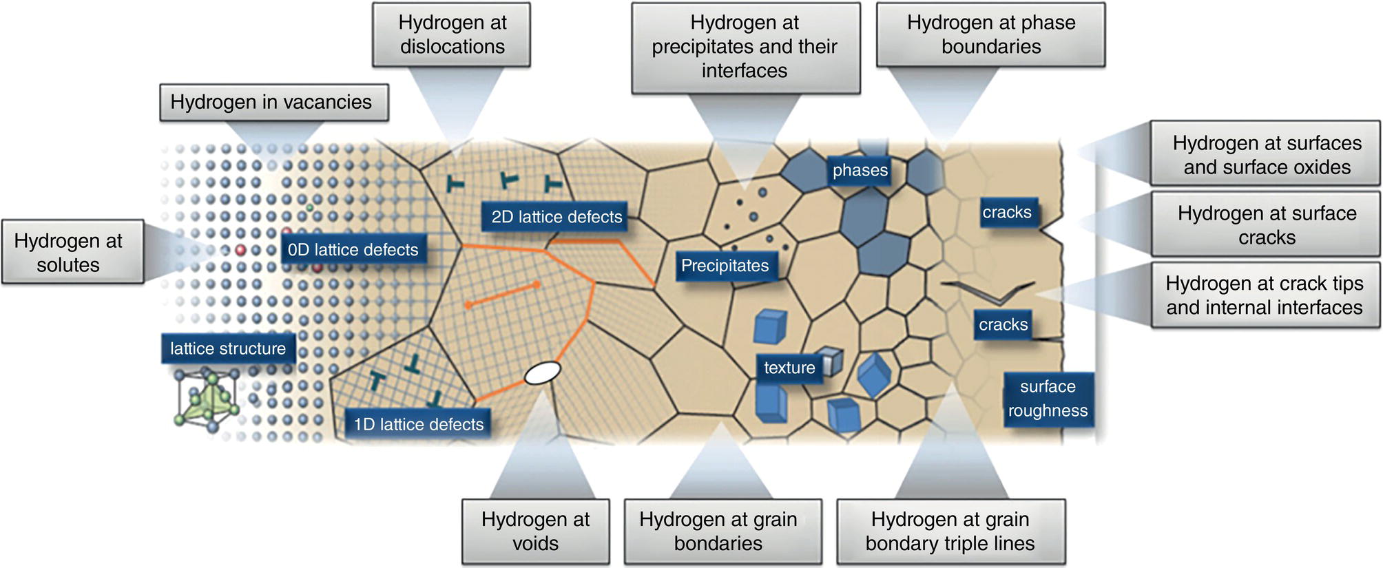 A diagram illustrates various locations where hydrogen interacts with materials at the atomic and microscopic levels. Key areas highlighted include vacancies, dislocations, solutes, and different types of lattice defects. It highlights hydrogen’s presence at grain boundaries, voids, surfaces, and interfaces. Cracks and precipitates are marked, indicating regions of phase boundaries and surface roughness. The representation emphasizes the complexity of hydrogen’s behaviour in different structures and its significant impact on material properties.