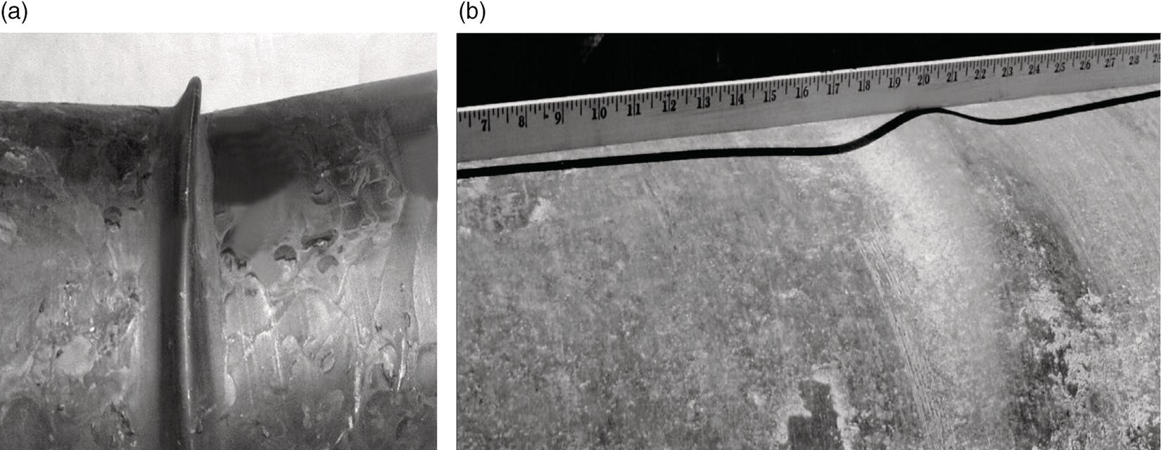 A first section features a close-up view of a metallic surface with notable irregularities, including jagged edges and corrosion patterns. A smooth, raised weld line is visible, indicating a joint between two pieces of metal. The second section presents another metallic surface, characterized by a ruler laid across it for scale. This area exhibits a smoother finish, with subtle undulations and surface imperfections. The ruler, marked with standard measurements, provides context for the size and shape of the observed features.