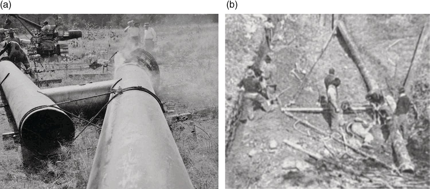 Two photographs are presented. The first image features large industrial pipes lying on the ground, with several individuals working nearby and machinery in the background. Smoke can be seen rising from the area, indicating ongoing work. The second image illustrates a group of workers engaged in labour near a narrow trench. Some are manipulating pipes while others appear to be arranging equipment or assisting colleagues. The environment looks rugged, filled with dirt and vegetation, suggesting an outdoor construction site.