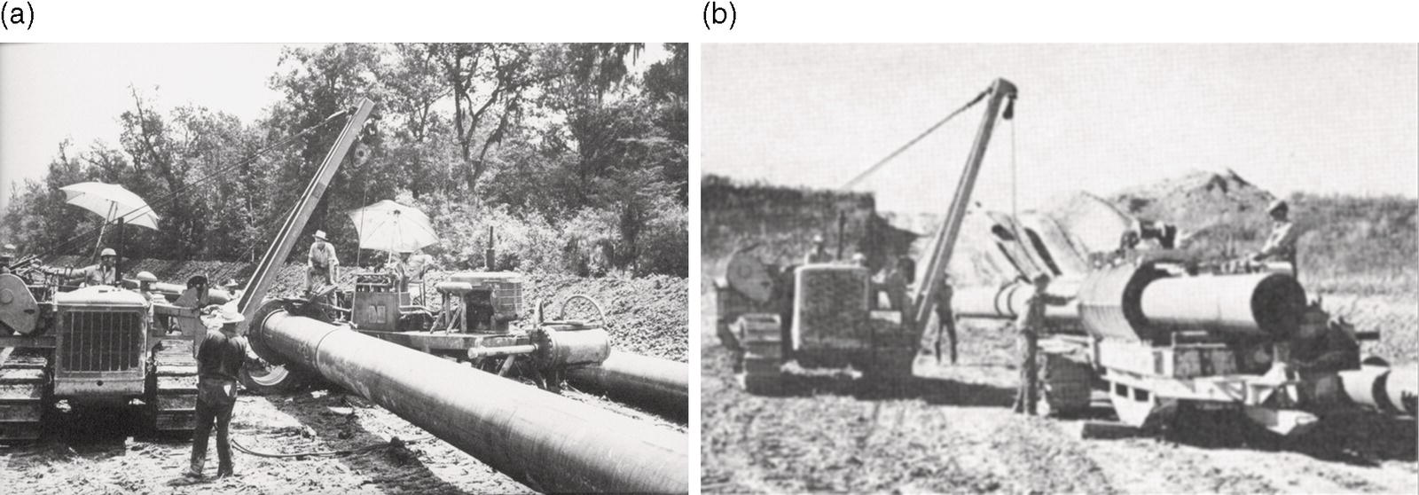 Two photographs illustrate construction activities involving large pipes and machinery. In the first photograph a, a group of workers collaborates beside a sizable horizontal pipe while some stand under umbrellas, and a truck with an extended arm is positioned nearby. The second photograph b features a different scene with another large pipe, a truck with a crane-like mechanism, and a worker seemingly overseeing operations, surrounded by dirt indicating an excavation site. The images reflect the industrial context of pipeline installation.