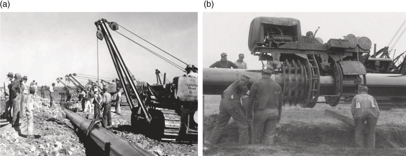 Two photographs highlight historical machinery and labour in pipeline construction. In the first scene, multiple workers are gathered around large equipment, utilizing a crane-like apparatus with long cables to manoeuvre a large pipe into position. The setting appears dusty and industrial, suggesting an active construction site. In the second image, a group of workers focuses on another heavy machine positioned near a large pipe, possibly for welding or maintenance tasks. Both scenes capture the coordination and efforts involved in this significant engineering work.