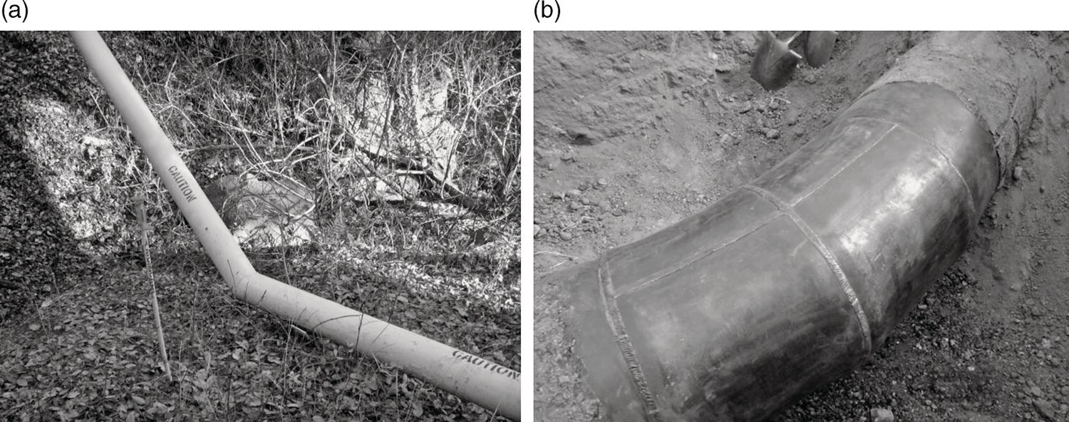 An image consists of two panels labelled a and b. Panel a features a large pipe situated amidst dense vegetation and fallen leaves. The pipe is positioned at an angle, with the word CAUTION clearly visible along its length. Panel b presents a close-up view of a welded section of another pipe, which appears to be underground, with visible welding seams along the curved surface. Surrounding the pipe are loose earth materials, indicating recent construction or maintenance activity.
