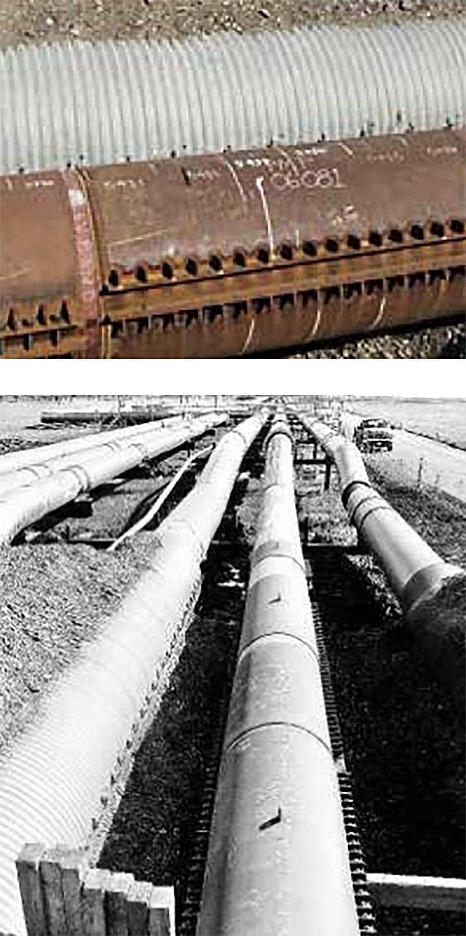 A top portion features a segmented cylindrical structure with ridged edges, revealing a series of numbers and markings on its surface. Beneath, a network of large cylindrical pipes illustrates a grid-like arrangement, extending into the distance along a flat terrain. Some pipes are angled or bent, creating a dynamic layout. In the background, vehicles are visible, emphasizing the scale of the infrastructure. The overall scene conveys a sense of industrial complexity, highlighting the functionality of the piping system in an expansive setting.