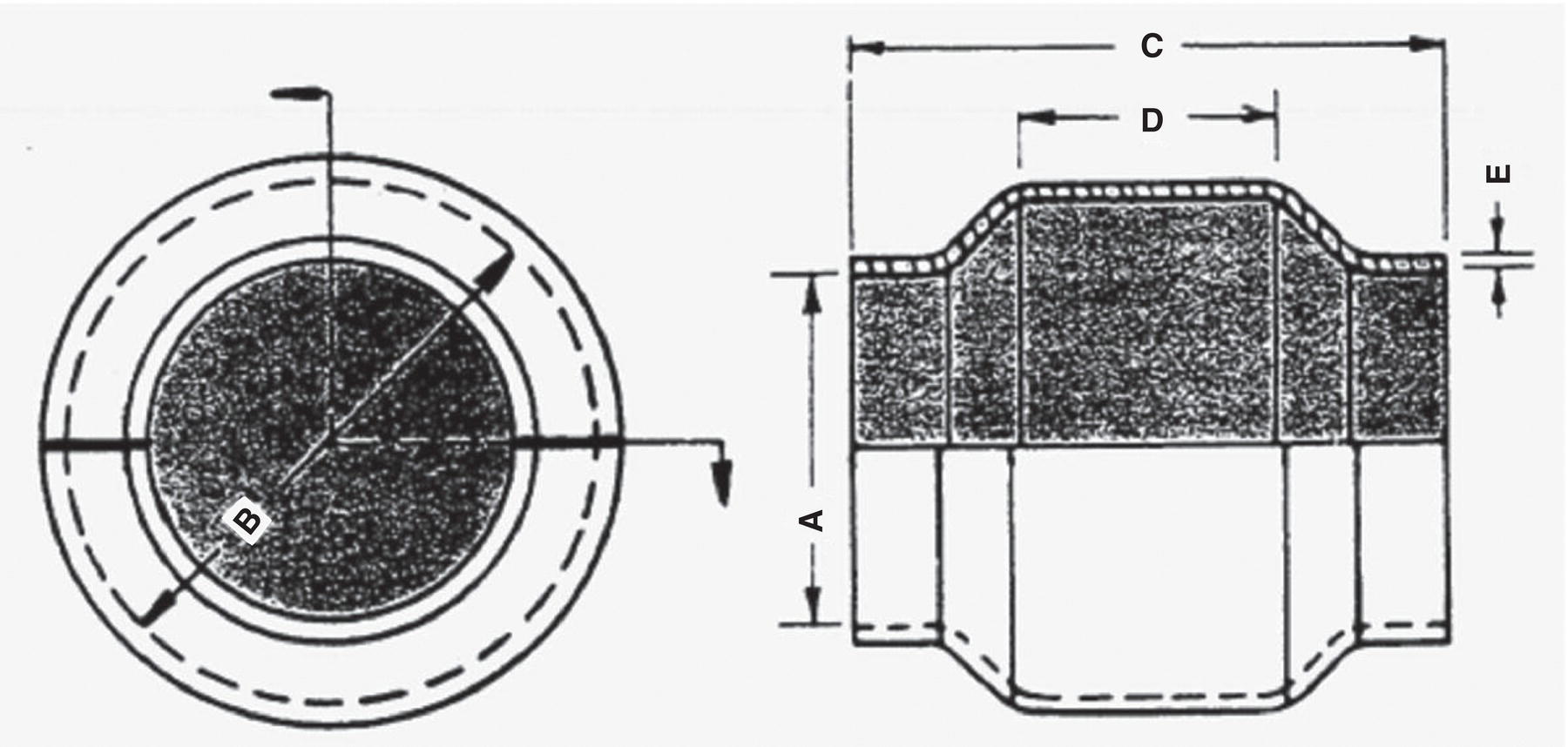 An image contains technical engineering diagrams of a circular component with two views. The left side presents a front circular view with concentric circles, a central textured area labelled B, and dashed lines indicating hidden features. The right side displays a cross-sectional side view with dimension markers, height A with up or down arrows, outer width C with left or right arrows, inner width D with left or right arrows, and wall thickness E with up or down arrows. The cross-section reveals a flanged fitting with textured upper portion, likely indicating material composition. Both views represent the same component from different angles.
