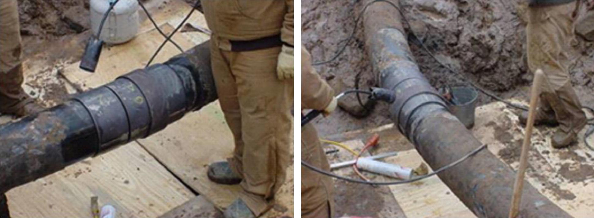 An image contains two photographs of pipe installation or repair work. In both panels, large diameter pipes with visible joint connections lie in excavated trenches atop wooden planks or supports. Workers' legs and feet are visible in both images, indicating ongoing construction. The left photo captures a straight pipe section with multiple visible connection bands. The right photo features a curved pipe section with a welding or joining equipment nearby. The surrounding area contains disturbed soil and construction materials typical of underground utility work.