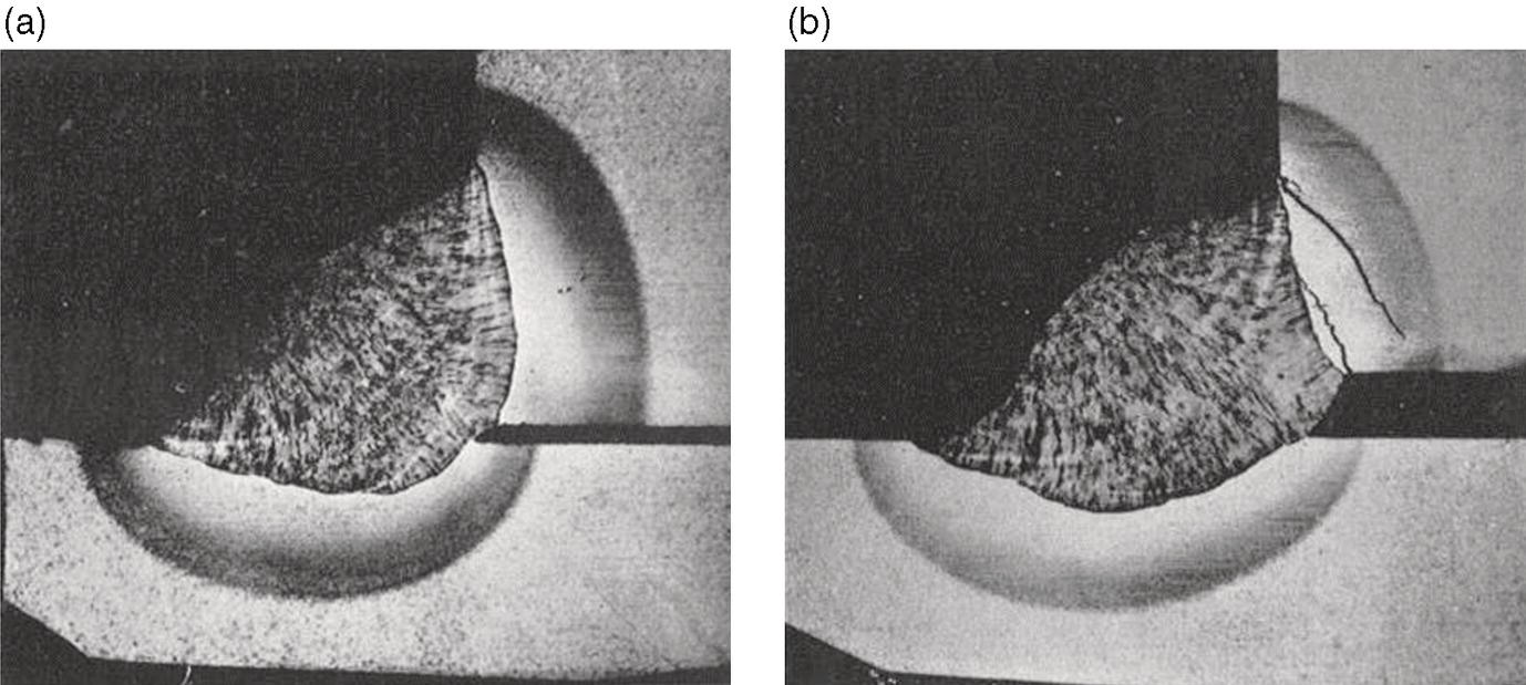 An image consists of two grayscale microscopy photographs labelled a and b, displaying a crystallization process. Both images display a semi-circular structure with visible dendrites or crystal patterns radiating outward from a central point. The crystalline formation has a textured, branching appearance inside a curved boundary. Image b displays slightly different crystal formation patterns than image a, possibly representing different stages or conditions of the same crystallization experiment. The images likely document scientific research on material solidification or crystal growth phenomena.