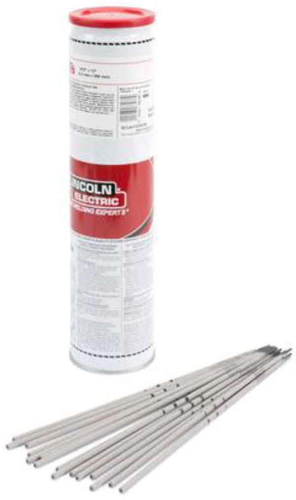 An image features a cylindrical container of Lincoln Electric welding electrodes alongside several welding rods. The container is tall and tubular with a label displaying product information and the Lincoln Electric brand name. Next to the container lies a bundle of thin, straight welding electrodes or rods arranged in a parallel formation. These appear to be standard welding consumables used in manual arc welding processes. The packaging and rods are presented against a background in a product-style photograph.