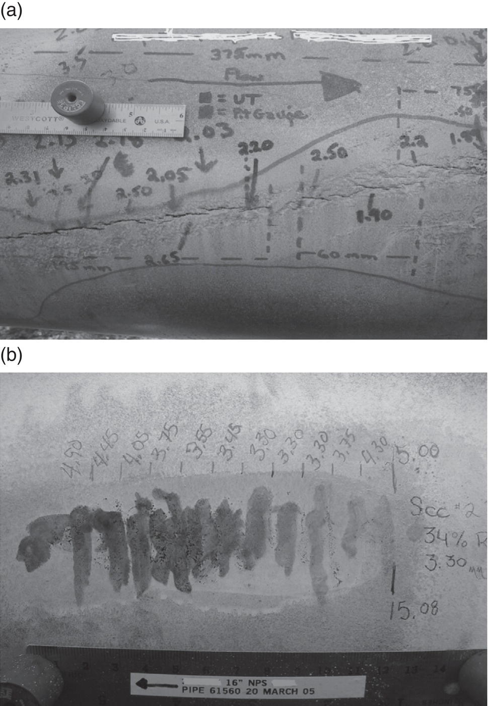 An image contains two photographs labelled a and b of pipeline inspection documentation. In image a, a pipe surface has numerous measurement markings drawn directly on it, including numbers like 375 m m, 220, 250, and t = U T. A ruler or measurement device is placed against the pipe surface. In image b, a different pipe section displays inspection markings with sequential numbers along the top and an area of corrosion or defect in the centre. Handwritten calculations are visible. A label at the bottom indicates 16 N P S with a leftward-pointing arrow and PIPE number 1402, 20 MARCH 05.