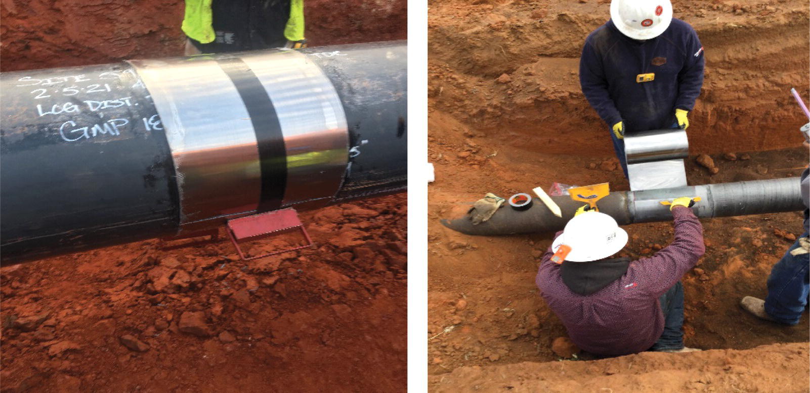 An image contains two photographs of pipeline work. A large pipe with marking text is written on its surface lies in a trench. The pipe has repair bands or clamps wrapped around a section, with writing visible on the pipe’s surface. Two workers are wearing safety helmets and are installing or maintaining a pipe in a trench. One worker is positioned lower in the trench working on the pipe joint while another stands above handling a clamp or connector. Both are wearing work gear and operating in an excavated area with exposed soil.