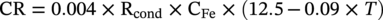 upper C upper R equals 0.004 times normal upper R Subscript cond Baseline times normal upper C Subscript upper F e Baseline times left-parenthesis 12.5 minus 0.09 times upper T right-parenthesis