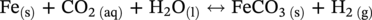 upper F e Subscript left-parenthesis normal s right-parenthesis Baseline plus upper C upper O Subscript 2 left-parenthesis a q right-parenthesis Baseline plus normal upper H 2 normal upper O Subscript left-parenthesis normal l right-parenthesis Baseline left-right-arrow upper F e upper C upper O Subscript 3 left-parenthesis normal s right-parenthesis Baseline plus normal upper H Subscript 2 left-parenthesis normal g right-parenthesis