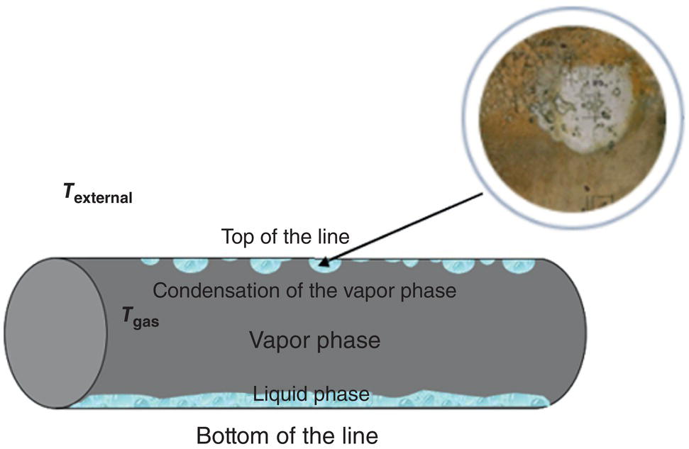 An image illustrates a cross-sectional view of multiphase flow in a pipeline. A horizontal pipe contains stratified vapor and liquid phases, with liquid flowing along the bottom. Condensation of the vapor phase appears at the top inner surface. Labels include Top of the line, Bottom of the line, T gas within the vapor region, and T external outside the pipe. A circular magnified inset connected by a diagonal line highlights condensation detail at the pipe’s upper inner surface. The pipe appears in Gray with lighter liquid phase at bottom.