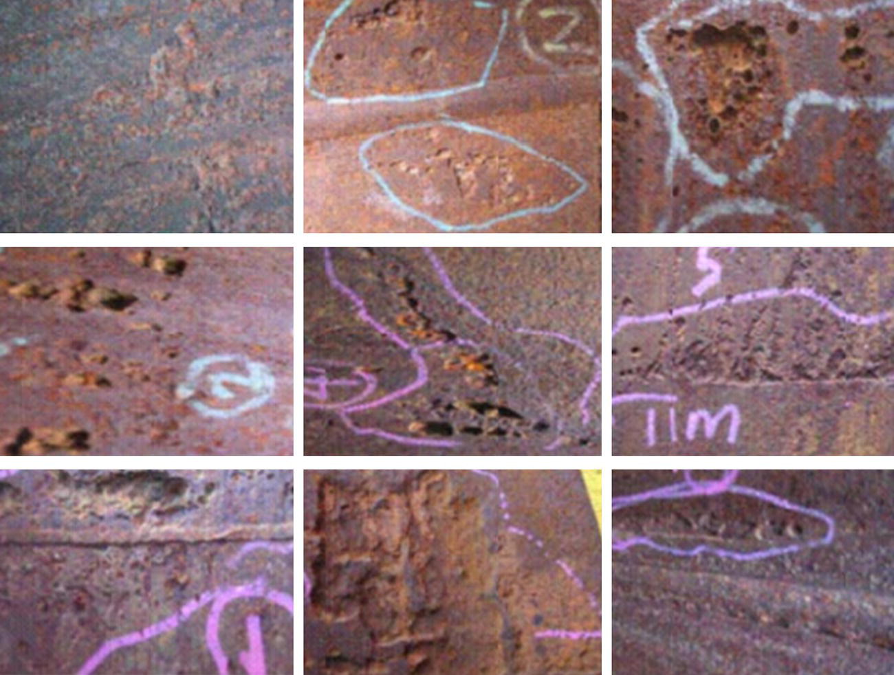 A image contains a 3 by 3 grid of microscopic photographs displaying corrosion patterns on metal surfaces. Each square captures different localized corrosion morphologies with light-coloured outlines against darker backgrounds. The middle-right image contains what appears to be T I M text etched or written on the surface. Various irregular shapes, circular patterns, and linear formations are visible across the grid, suggesting different types of corrosion attack or material degradation. These likely represent top line corrosion samples under microscopic examination at different stages or conditions.