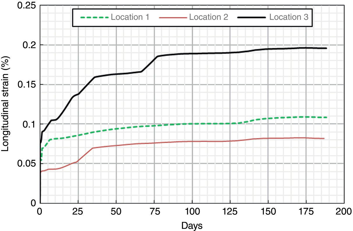 A chart presents data on longitudinal strain percentage over time. The horizontal axis represents days, ranging from zero to two hundred, while the vertical axis indicates strain percentage from zero to point two five. Three distinct locations are noted along the vertical axis, each corresponding with varying strain levels across the time frame. Data points connect with lines, illustrating trends and changes in longitudinal strain at these specified locations. The arrangement offers how the longitudinal strain evolves throughout the observed period.