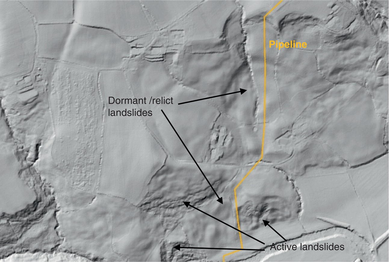 A diagram illustrates a pipeline alongside various types of landslides. It distinguishes between dormant or relict landslides and active landslides. The content is organized in a manner that allows for easy understanding of the relationship between the pipeline and the different classifications of landslide activity. Tags such as map and text indicate that this visual representation incorporates textual elements to complement the graphical data presented, facilitating an informative overview on this geographical subject matter.