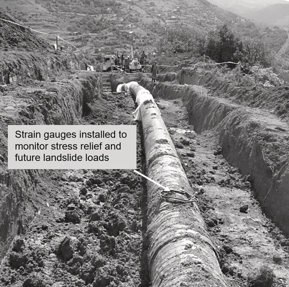 A sign placed on a fence contains information regarding strain gauges installed for monitoring stress relief and potential landslide loads. The setting features an outdoor environment characterized by mountains and plants.