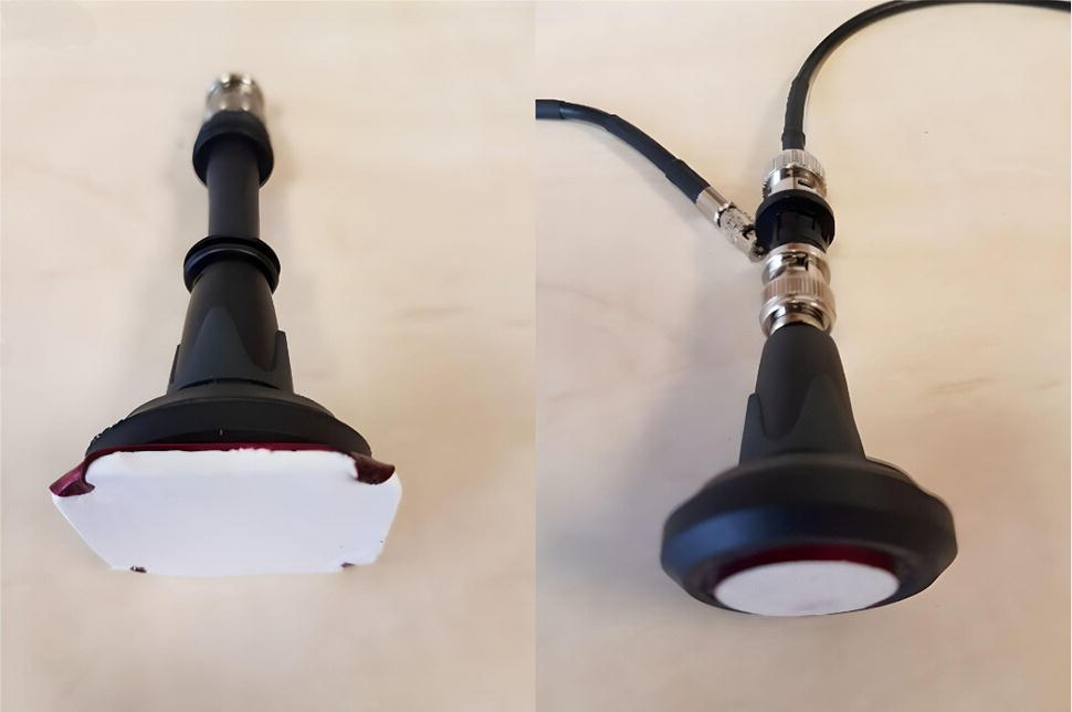 A photograph of an ophthalmoscope from two angles. The left view shows the front with the light aperture and lens, while the right view displays the side with the handle and controls.