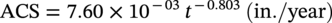 upper A upper C upper S equals 7.60 times 10 Superscript negative 03 Baseline t Superscript negative 0.803 Baseline left-parenthesis in period slash year right-parenthesis