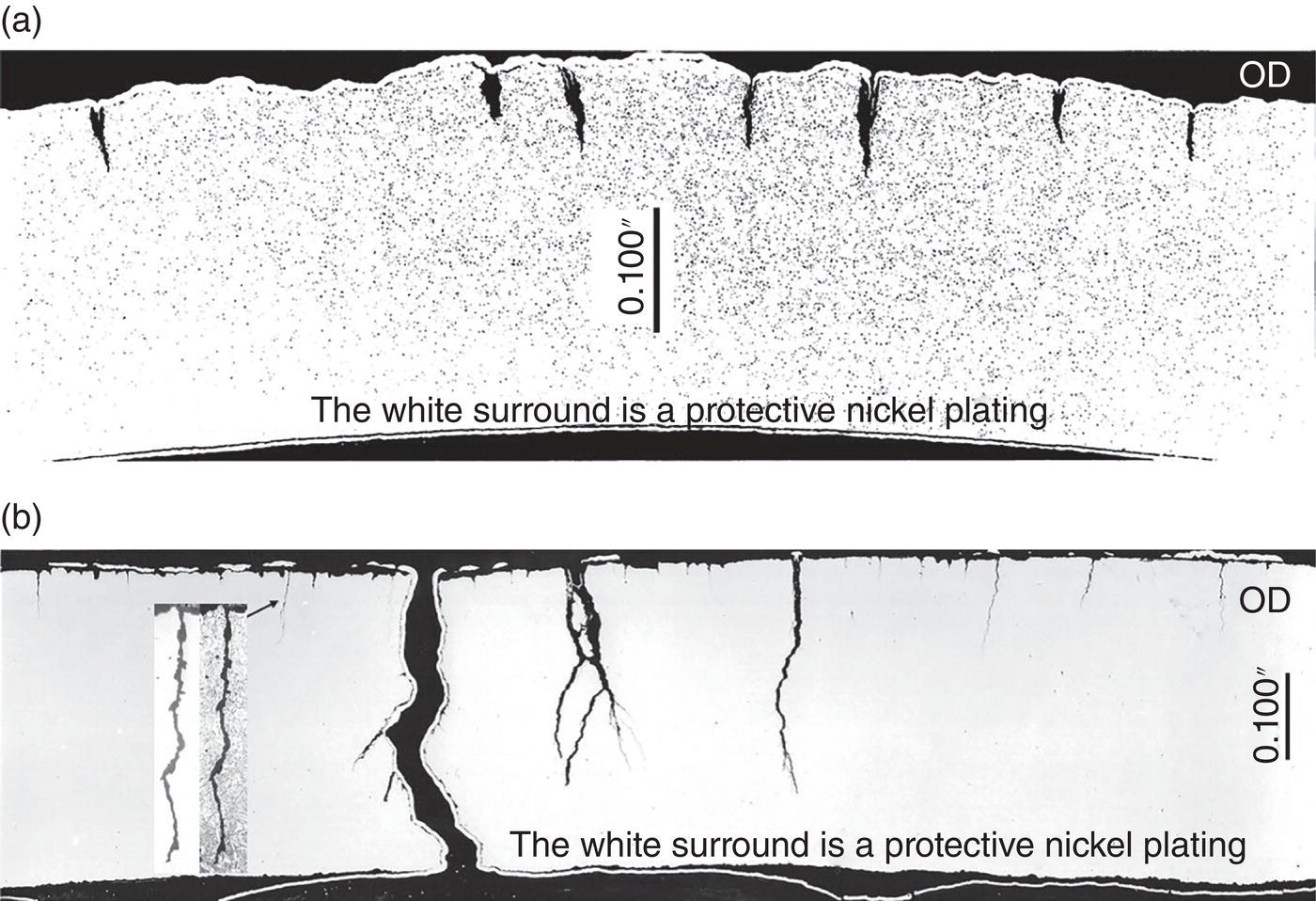 A set of macro-cross-sections showing cracking on bare but protected pipelines. A. Cross-section through secondary cracking near a 1968 in-service rupture. B. Cross-section through the rupture path and secondary cracking near a 1969 in-service failure.