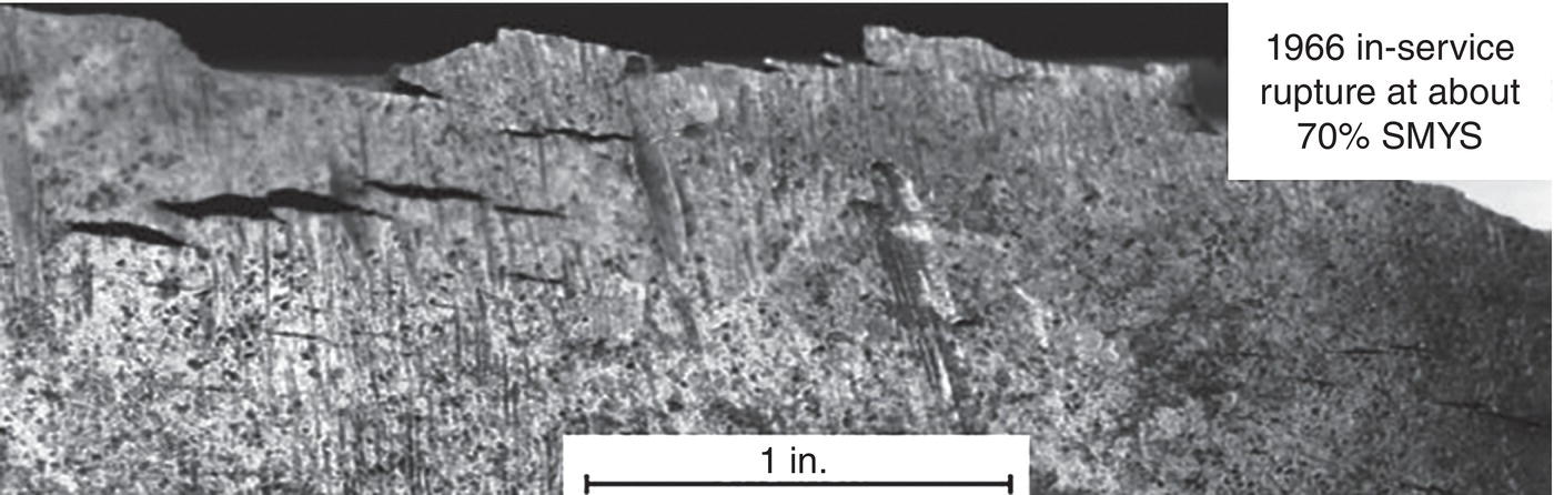A microscopic image showing broadly gapped, short, deep secondary stress corrosion cracking near the origin of an in-service pipeline rupture, highlighting crack morphology and fracture characteristics.