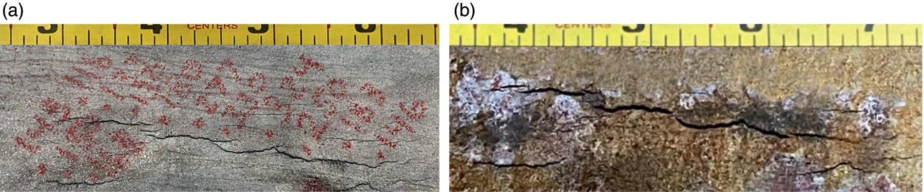 Two images. A. A graph or visualization showing crack depth measurements using sequential phased-array ultrasonic testing in an in-ditch non-destructive evaluation. B. A digitally captured in-plane image of cracking, documenting lengths and spacings of detected cracks.