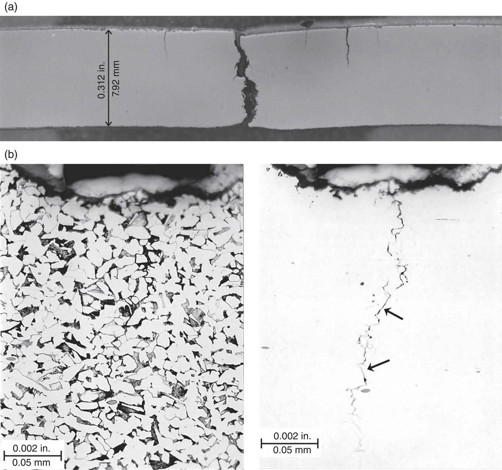 Two images. A. A metallographic section of intergranular cracking with the outer diameter surface facing up, shown in an as-polished state at slight magnification. B. A high-magnification view of the same section, displayed in both as-polished and etched conditions to reveal microstructural details.