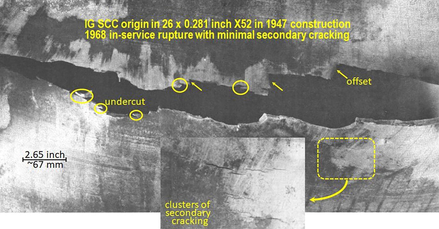 A close-up view of stress corrosion cracking on the outer diameter surface of a pipeline, showing characteristic crack patterns and surface morphology.