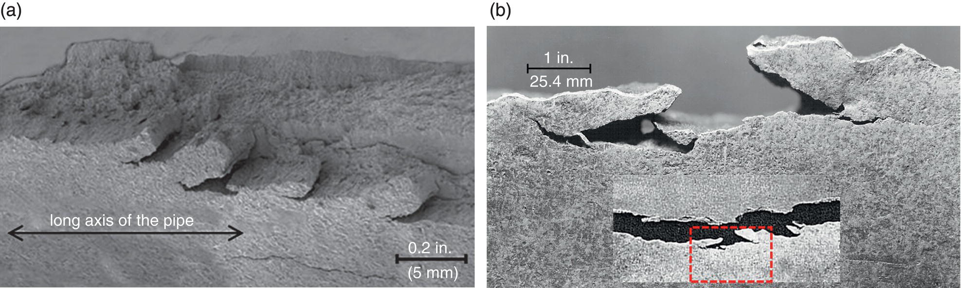 Two images. A. A close-up view illustrating small offset steps and undercuts along rupture paths, focusing on features near the origin. B. A detailed view showing pairs of undercuts for three adjacent cracks, highlighting their alignment and morphology.