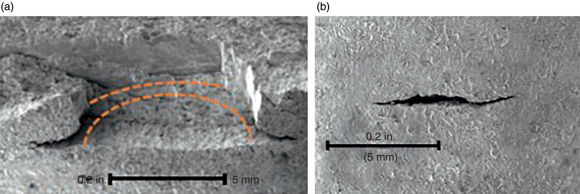 Two images. A. A detailed view showing symmetric undercuts near the origin, illustrating the effects of crack size on crack mouth opening displacement. B. A close-up of a shorter, shallower crack, highlighting its crack opening behavior and undercut formation.