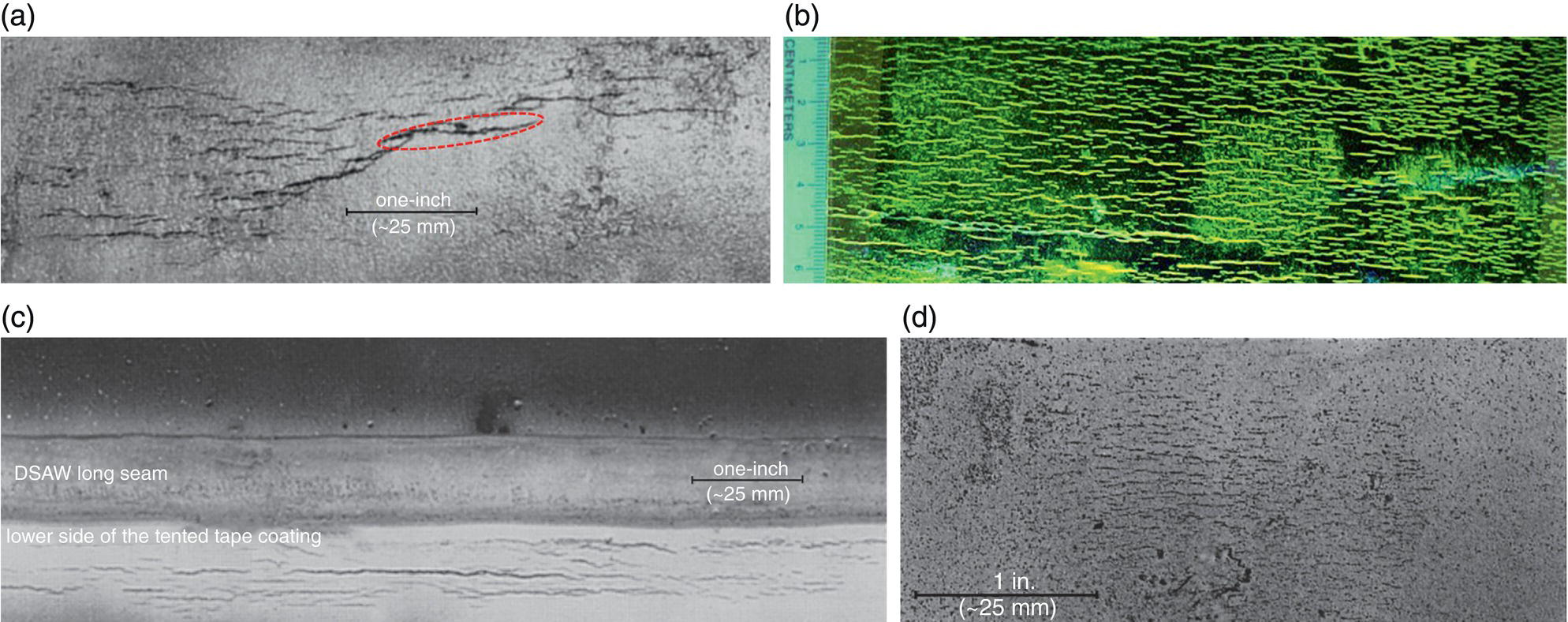 Four microscopic images. A. Axial cracking on the outer diameter surface around a leak, focusing on the circled area. B. Fine, dense axial cracking remote from the origin in a near-neutral p H environment. C. Axial cracking adjacent to a rupture along a weld seam, highlighting crack distribution. D. Axial cracking in the pipe body, remote from the origin, with visible pitting.