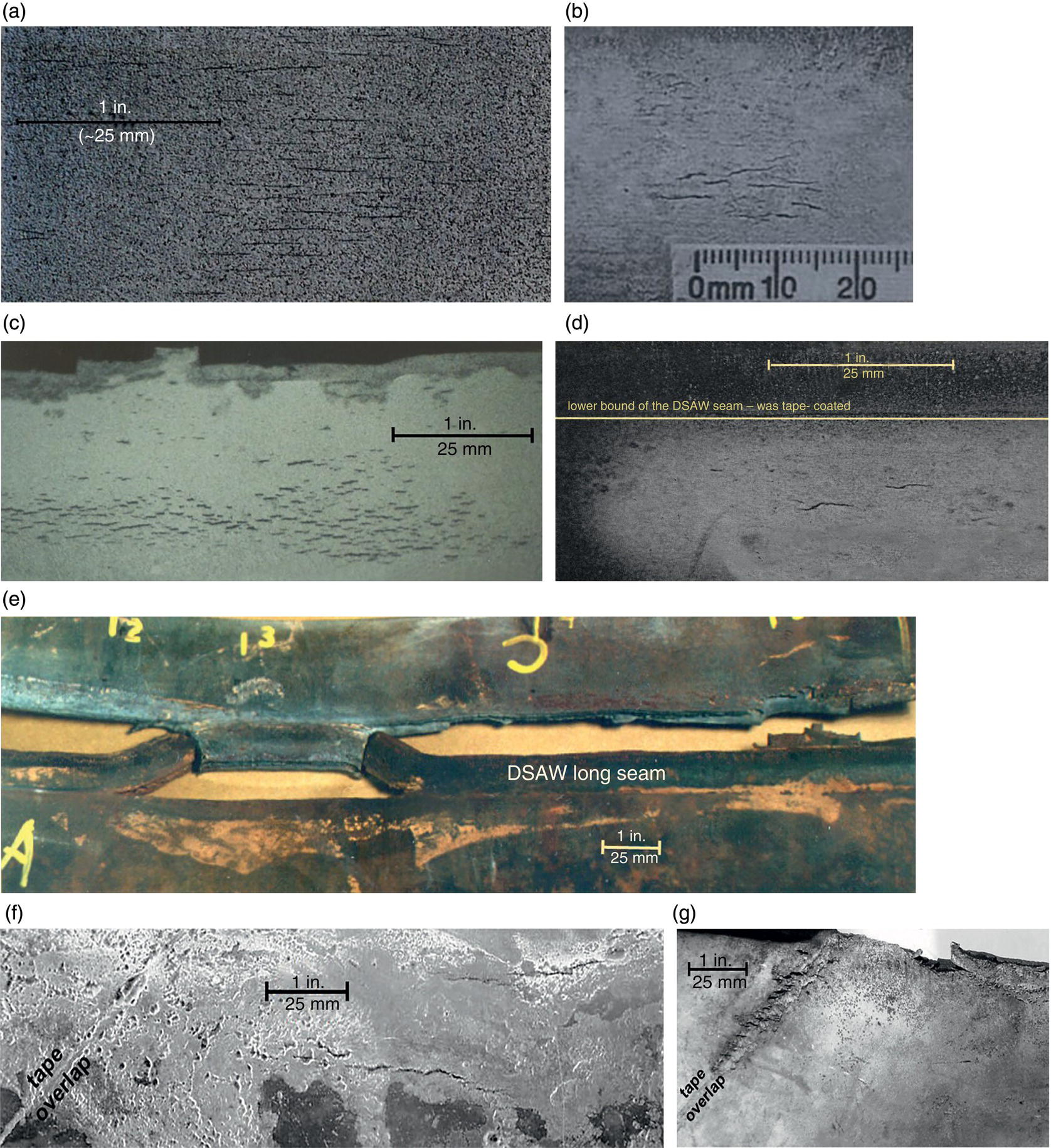 Seven microscopic images. A. Fine, dense axial cracking remote from an origin in a system experiencing near-neutral p H stress corrosion cracking. B. Axial cracking transitioning to a sparser distribution. C. Mixed axial cracking running parallel to a fracture. D. Axial cracking located below a double-submerged arc weld seam. E. Axial cracking at and near a D S A W toe origin. F. Axial body cracking occurring within localized general or pitting corrosion. G. Axial cracking within a tape overlap region.