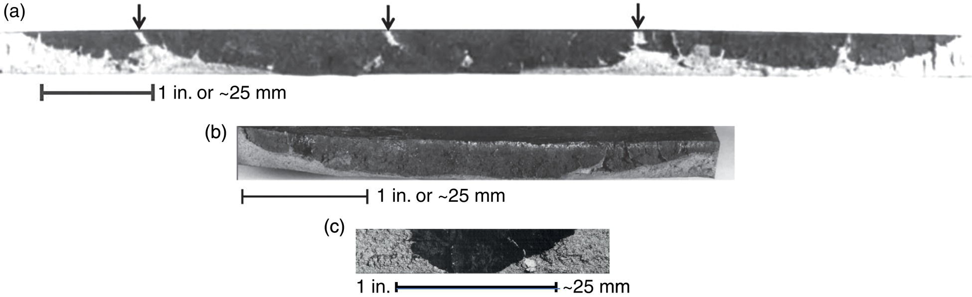 Three microscopic images. A. A through-wall leak path with five offset segments, three of which are large, indicated by arrows. B. Three offset segments, two of which are large and contain the central segment. C. Two offset segments, each visible on the opposing fracture surface.