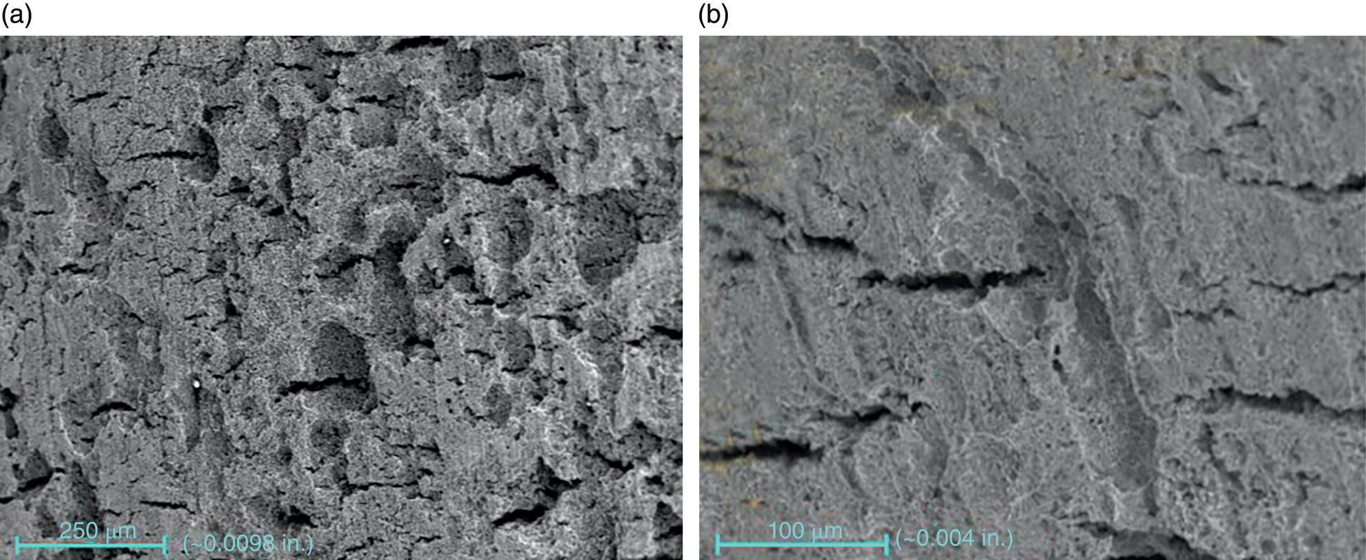 Two images. A. A close-up view of cracks initiating on the outer diameter surface of a pipeline within a highly susceptible area. B. A higher magnification view, showing finer details of crack initiation and surface morphology.