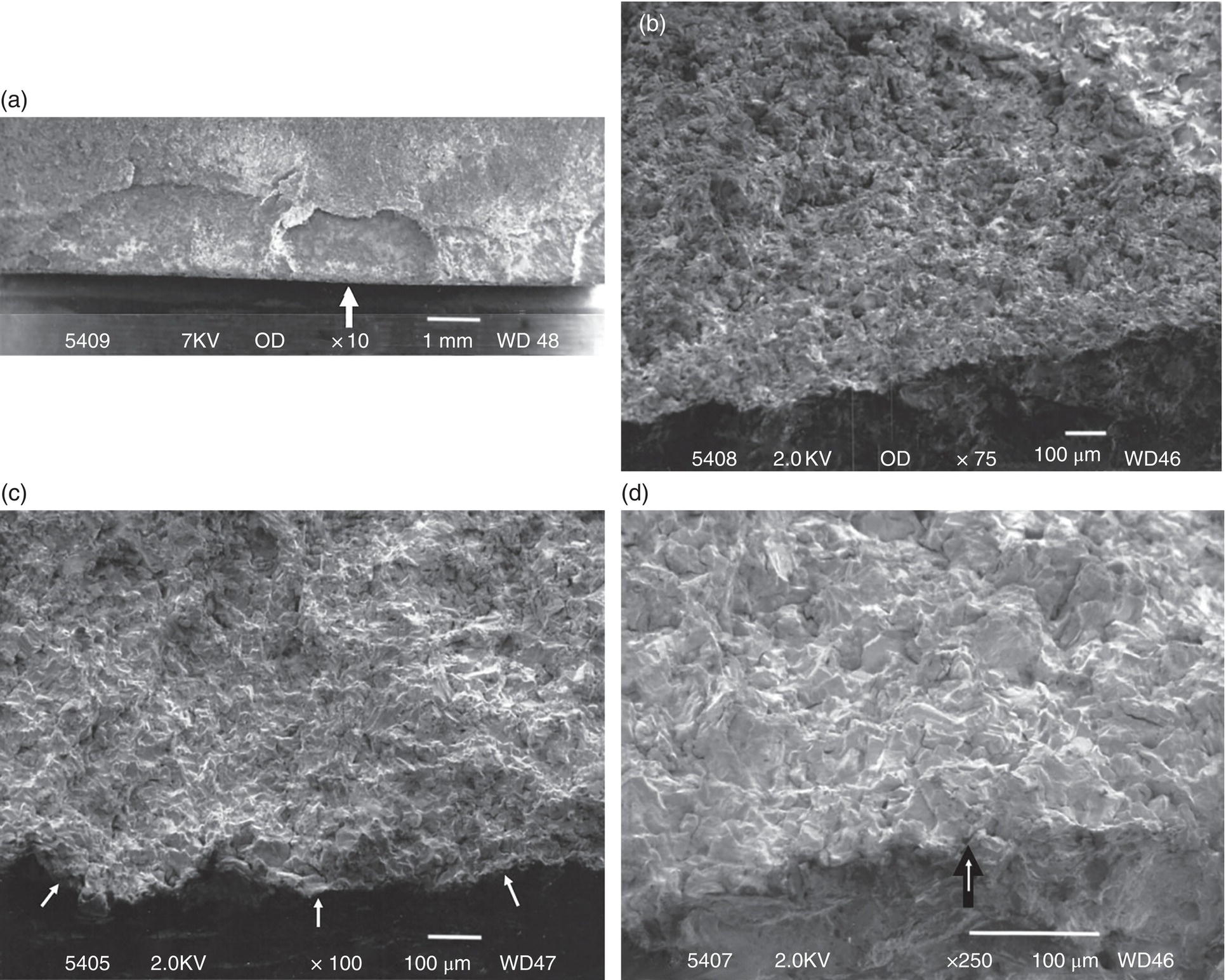 Four microscopic images. A. An overview of a crack on the outer diameter surface of a pipeline. B. A magnified view providing more detail on the crack initiation site. C. Another overview of a similar crack and its thumbnail origin. D. A magnified view highlighting finer details of the crack origin.