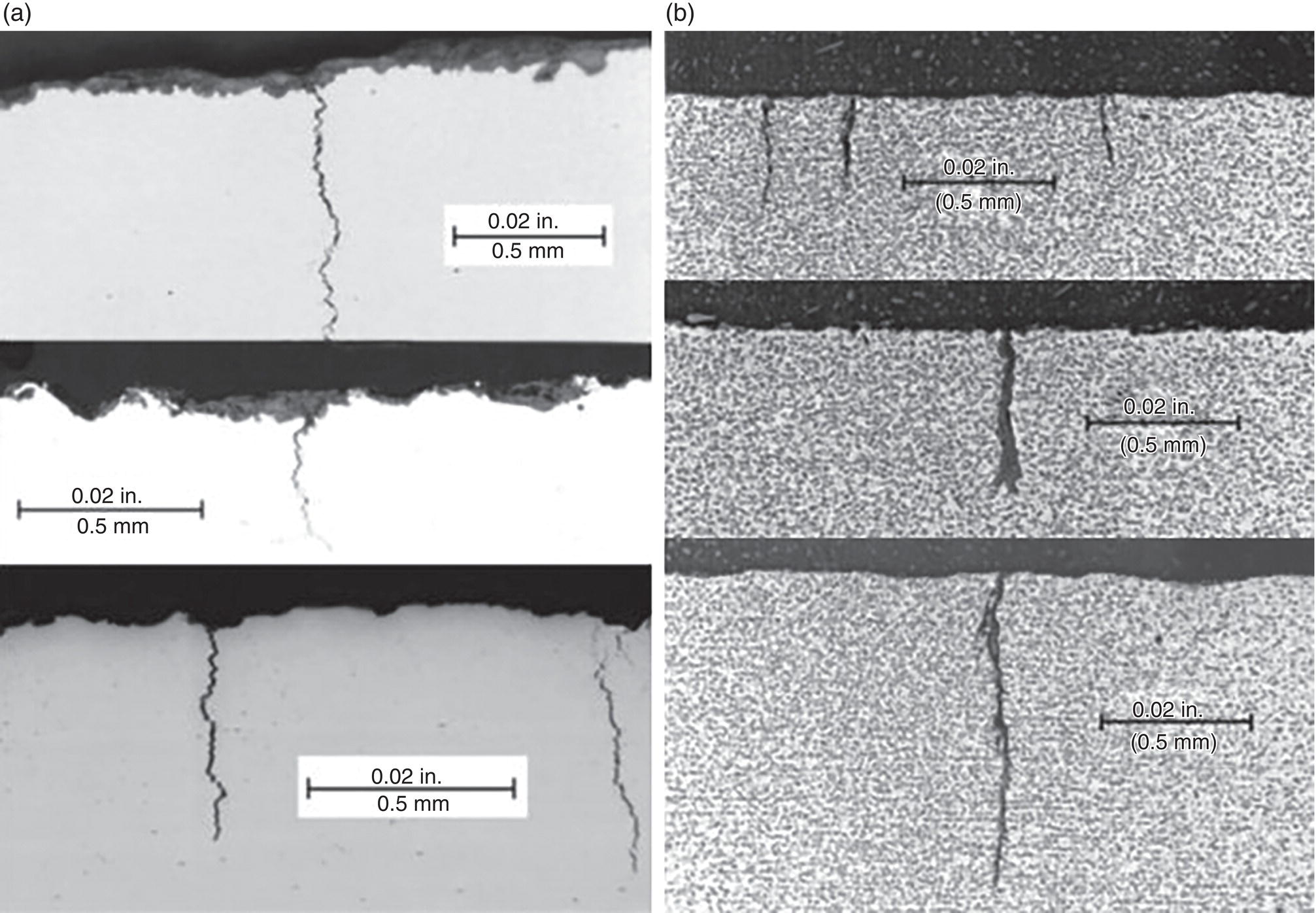 Two images. A. Intergranular cracking initiated in outer diameter surface pits or corrosion. B. Transgranular cracking examples, with Footnote 5 applicable.