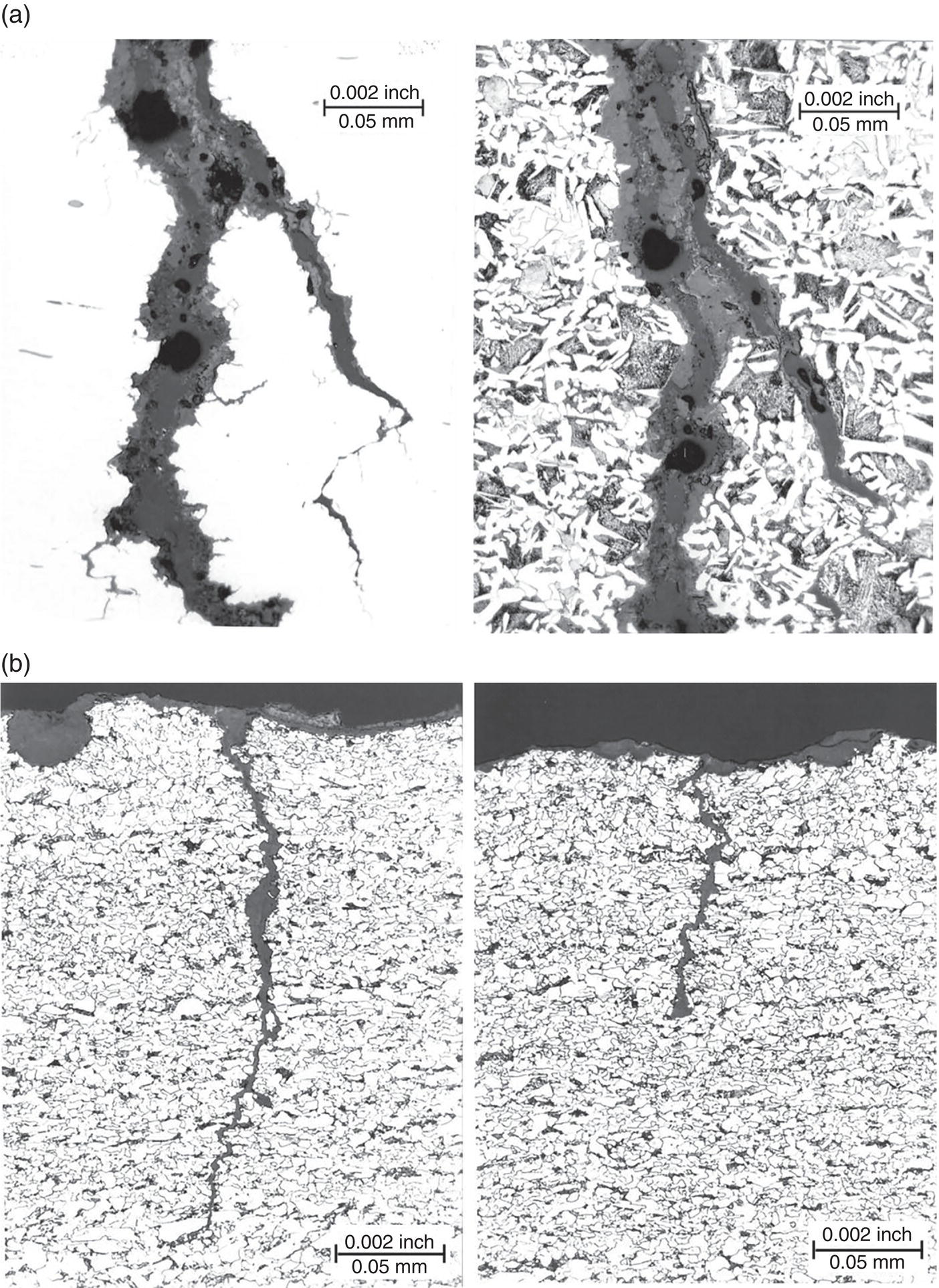 Two images. A. Unusual intergranular cracking with corroded flanks and down-crack corrosion debris. B. Typical transgranular cracking with similar corrosion features.