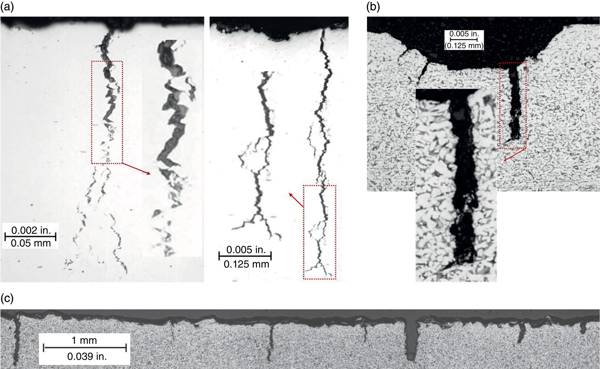 Three images. A. Intergranular cracking. Crack a 1 and Crack a 2. B. A transgranular cracking example. C. Shallow I G cracking pulled open during a hydro retest, with a pitted outer diameter surface.