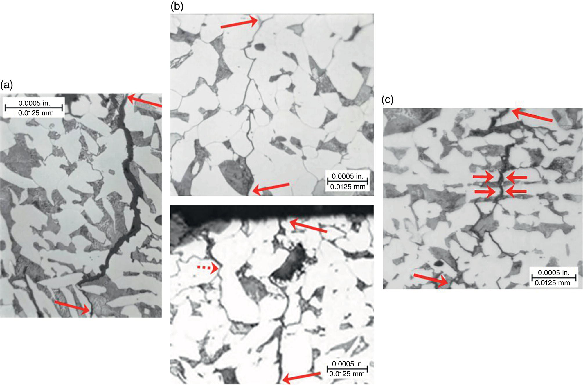 Three images. A. Intergranular cracking along mostly ferrite-pearlite paths. B. I G cracking along primarily ferrite-ferrite paths. C. I G cracking blocked by a directional microstructure.
