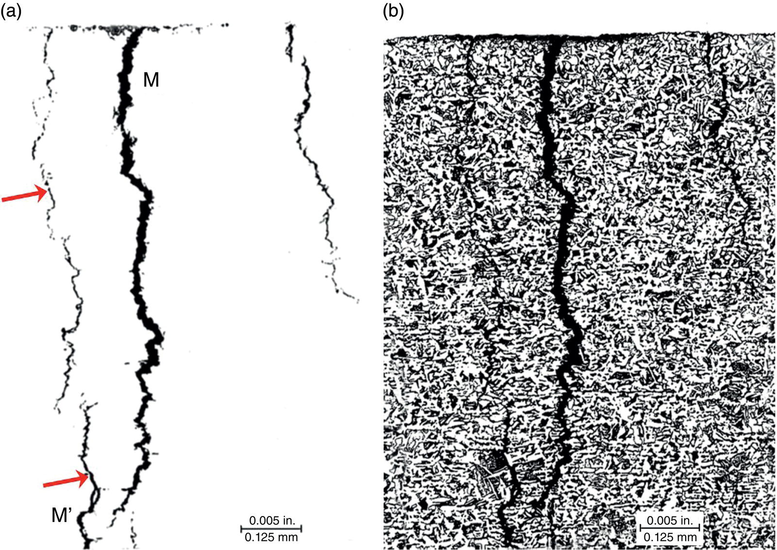 Two images. A. As-polished view showing coexistent intergranular and transgranular cracking in the same cross section. B. The same view after etching, highlighting microstructural details.