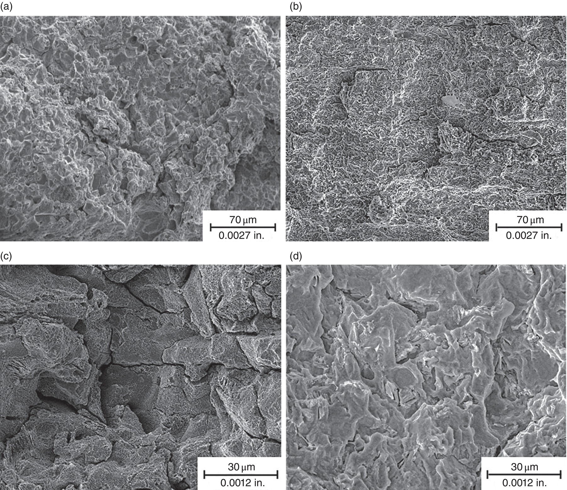 Four images. A. S E M view of a typical intergranular crack at suitable magnification. B. Typical transgranular crack at the same scale. C. Higher magnification view of a typical I G crack. D. Typical T G crack at the same scale.