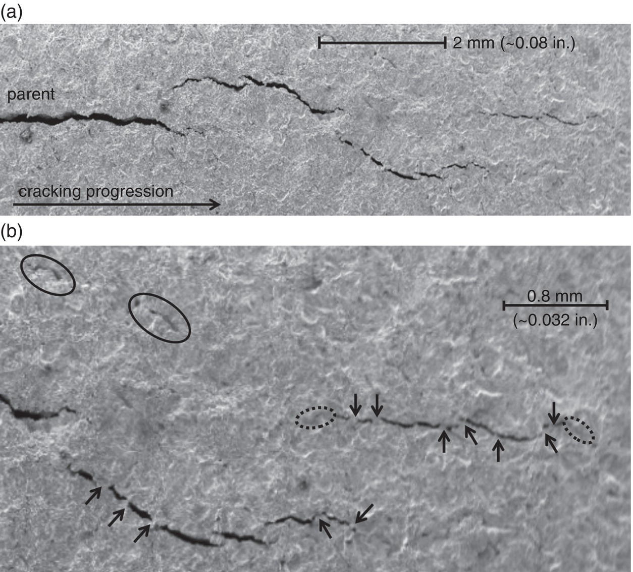 Two images. A. S E M overview of axial cracking with short cracks nucleating near the outer diameter surface. B. Expanded view showing numerous smaller cracks yet to coalesce.