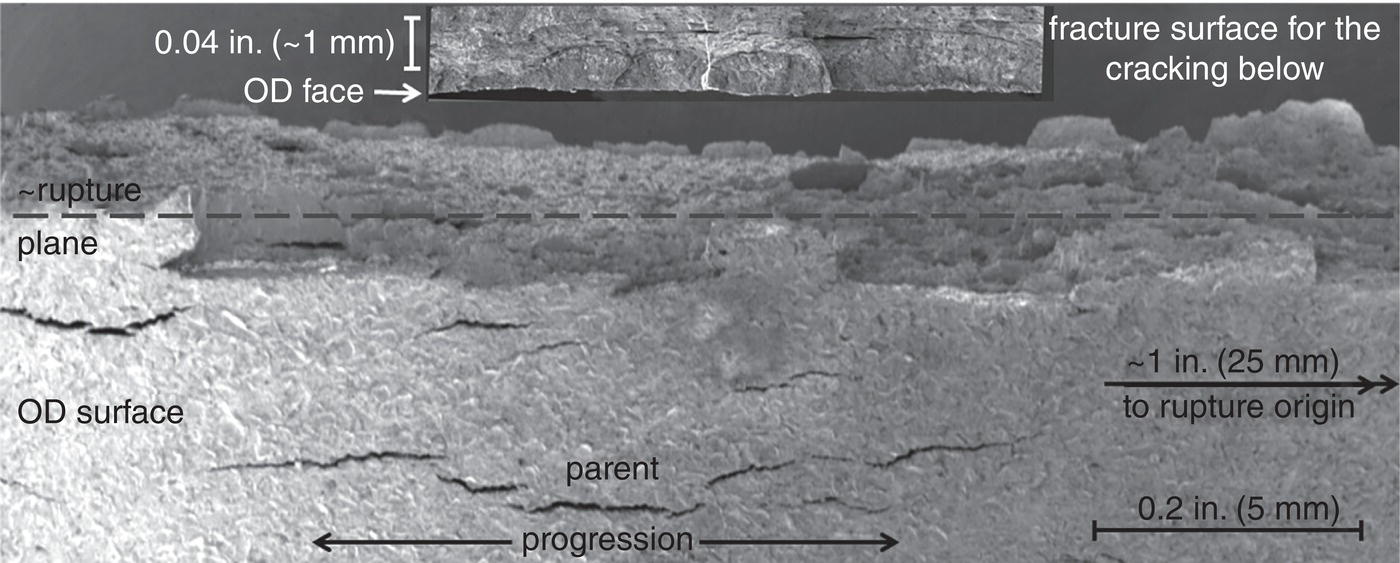 A microscopic view of sympathetic crack nucleation near an outer diameter rupture plane, showing multiple small cracks initiating and aligning adjacent to the fracture surface.