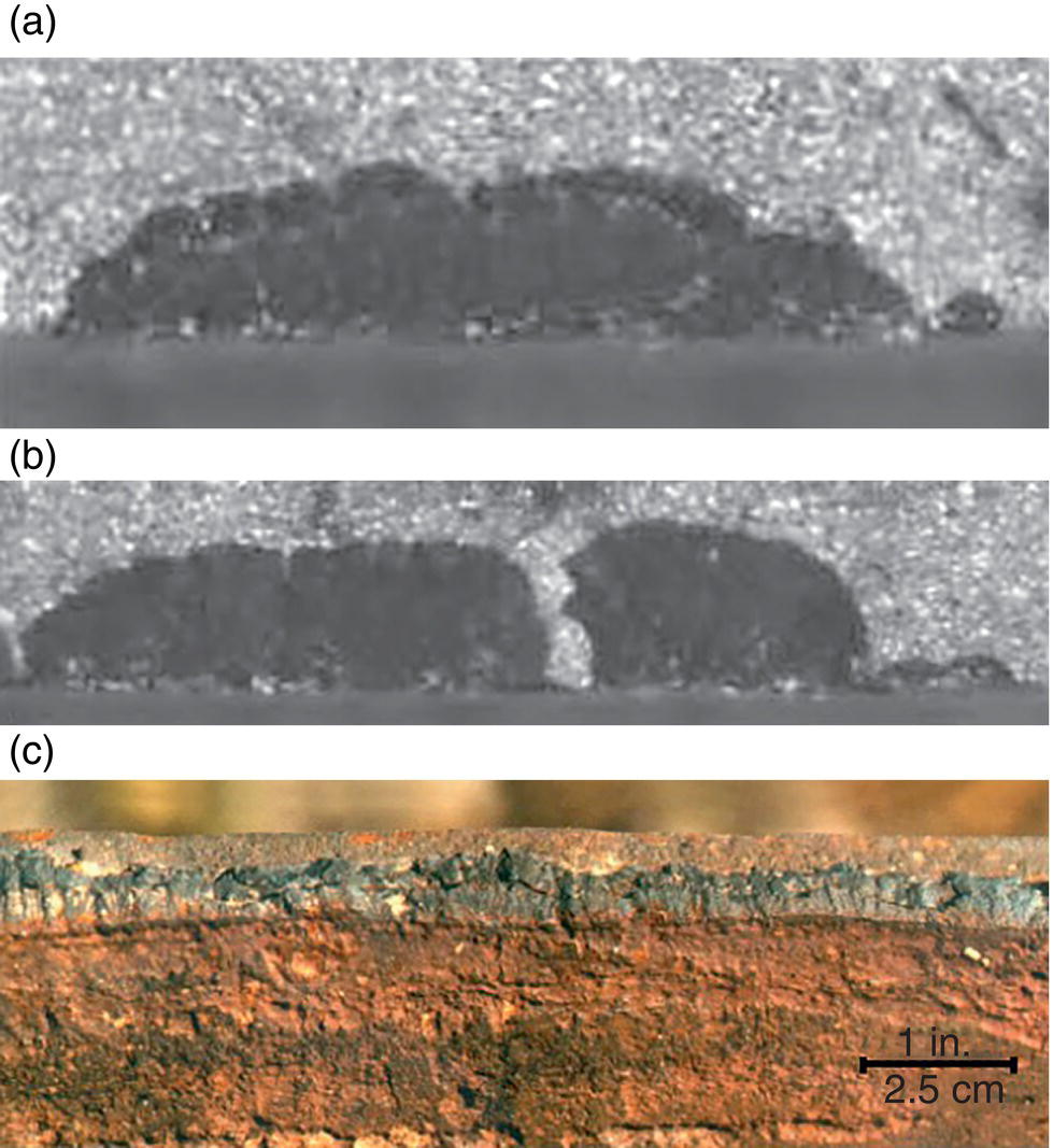 Three microscopic images of disorganized crack fronts in transgranular cracking. A. Shallow secondary crack in a sparse cluster. B. Region near the crack. C. Deep cracking along a rupture with a corroded outer diameter surface below the crack.