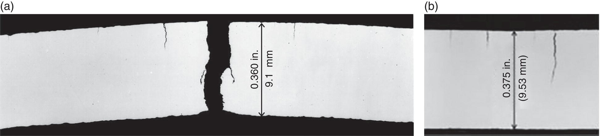 Two images illustrating hydrotesting outcomes for T G and I G S C C. A. Sharp cracking next to hydrotest-induced blunting. B. Deep but sharp I G S C C.