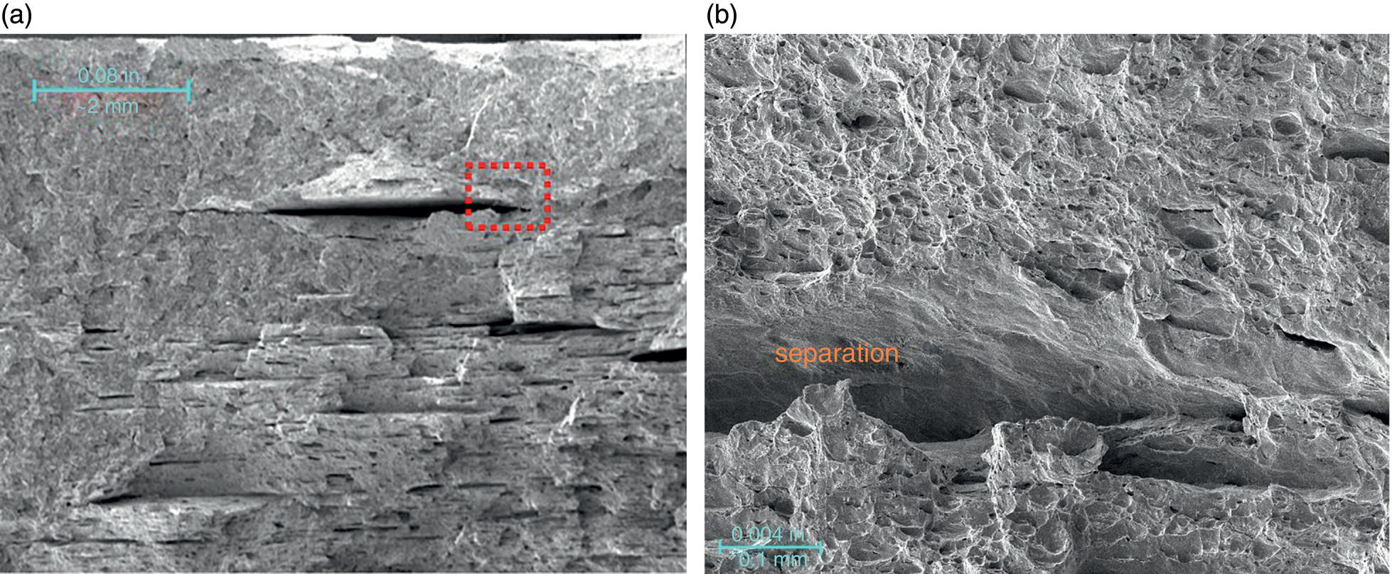 Two images showing separations in banded steels from the 1970s. A. Typical banding with associated separations. B. Higher magnification perspective view.