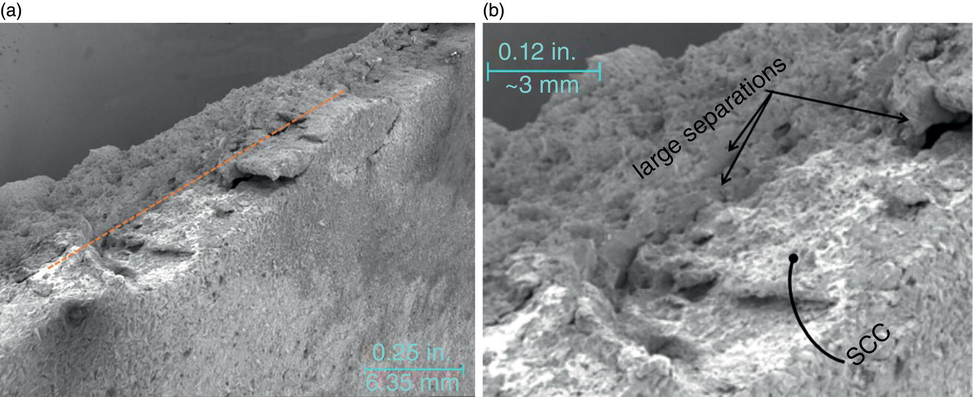 Two microscopic images. A. A broad view of the separation acting as a barrier to crack growth. B. Close-up of the crack showing vertical steps along the separation.