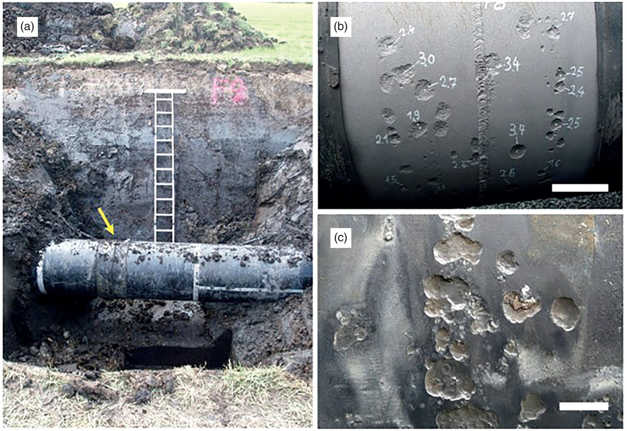 Three microscopic images. A. External corrosion on a buried gas transmission pipeline from an anoxic, sulfate-rich environment. B. Close-up of corrosion under a disbonded asphalt coating, showing pit clusters. C. Detailed view of pits within pits with depth measurements.