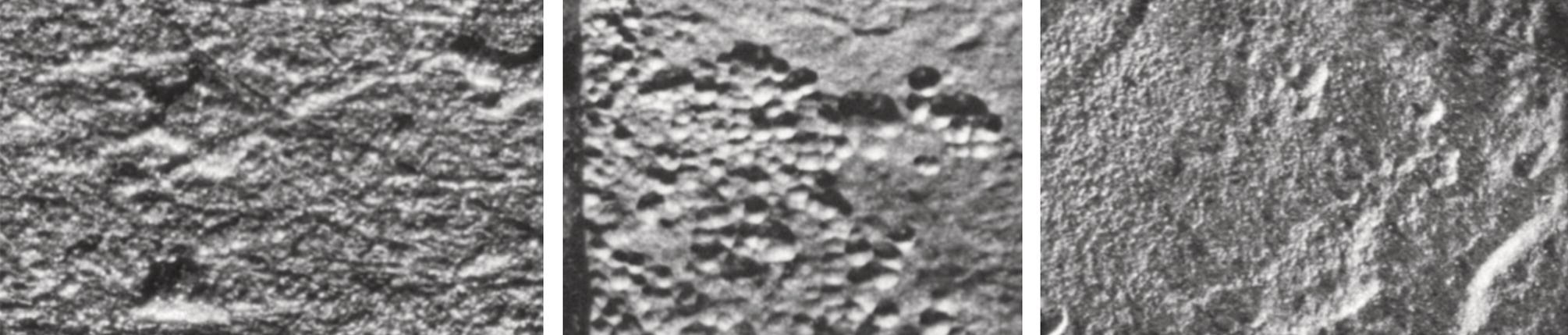 Three microscopic images. A. Initial view of a pitted steel coupon surface. B. Intermediate stage showing pit growth and surface changes. C. Advanced stage with further pit development and surface roughening.