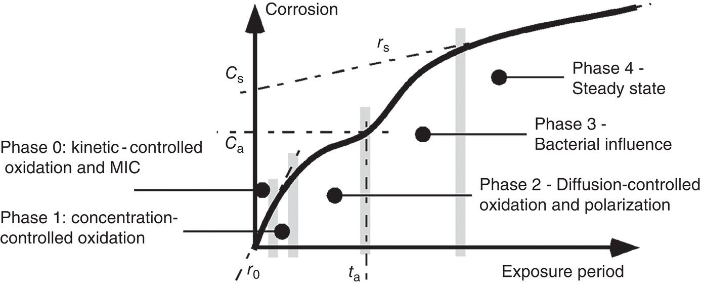 A graph illustrating a bimodal model for marine corrosion loss and maximum pit depth over time, with parameter ta marking the transition between two modes of corrosion behavior.